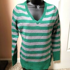 New York & Company Green and Gray V-Neck Sweater with Bold Stripes